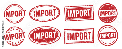 Red grunge IMPORT rubber stamp set. Global commerce, cross border trade, tariff regulations, cargo shipments, customs duties. Vector illustration image. Isolated on white background.