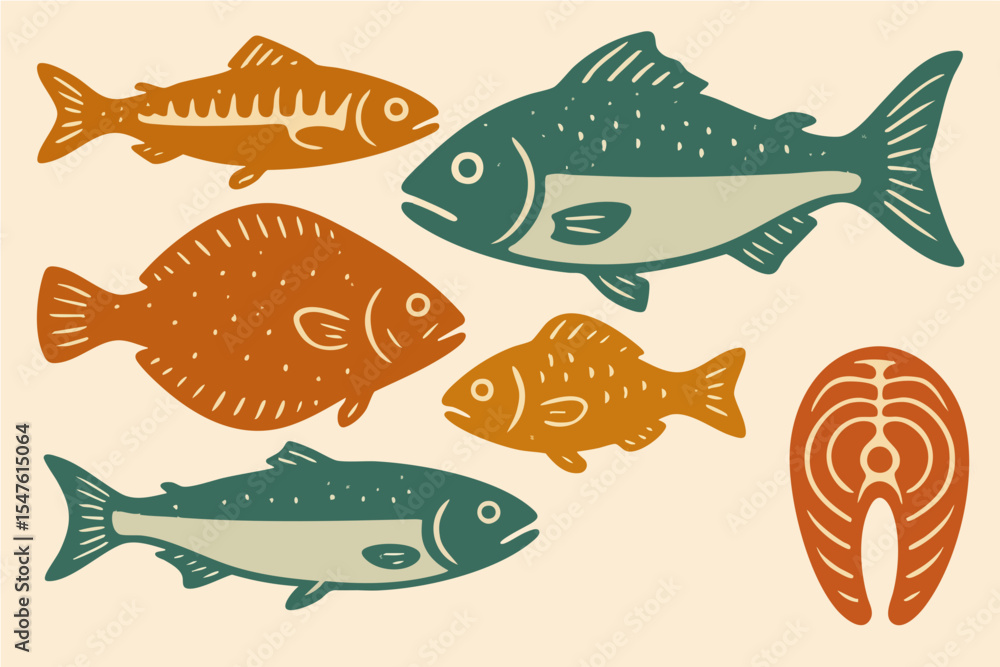Naklejka premium Fish Collection Illustration – Hand-Drawn Seafood and Fillet Cuts in Vintage Style