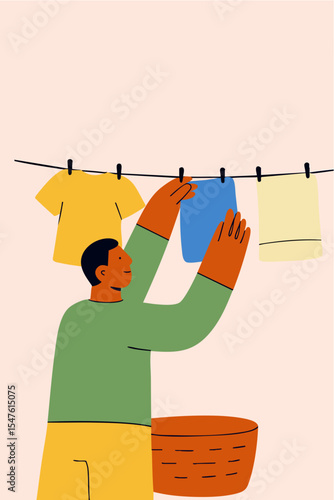 Laundry Day Illustration – Person Hanging Clothes on Line in Minimal Flat Style