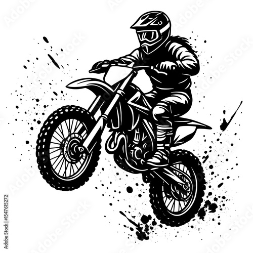 Motocross Biker Jumping in Action with Dynamic Lines in Black and White Art  
