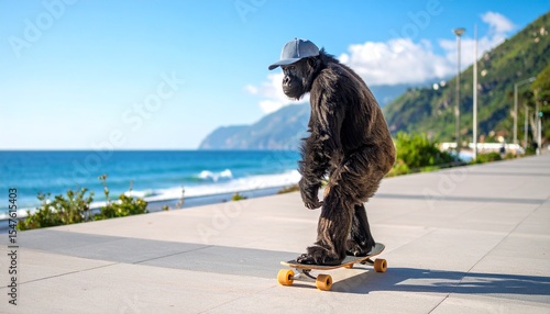 trois singes sur des skateboard en bord de plage 