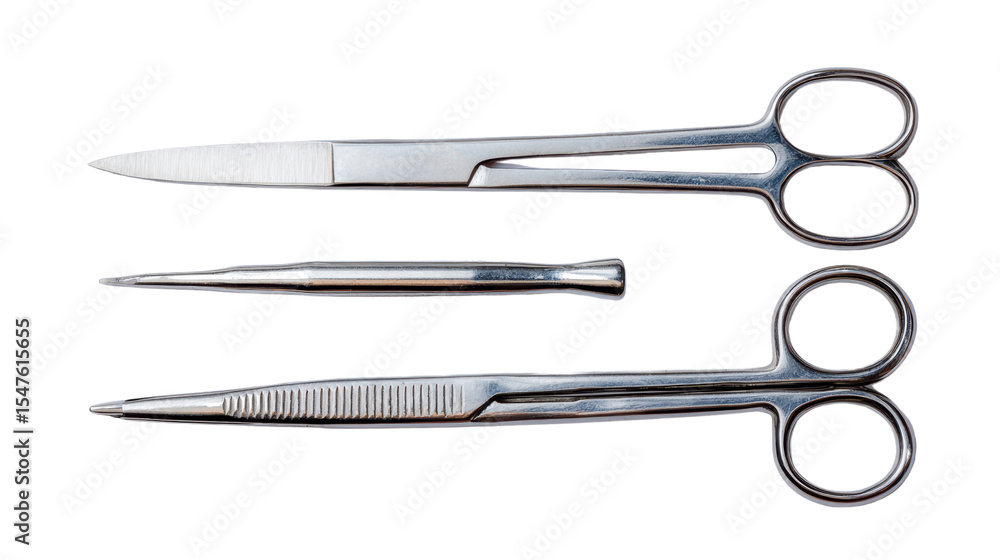 Fototapeta premium Surgical tools including scissors and forceps on a white isolate background.