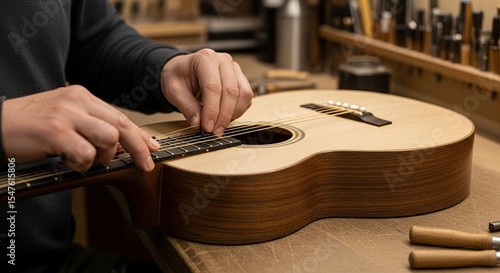 Skilled Hands Fine-Tuning Acoustic Guitar Strings in a Workshop