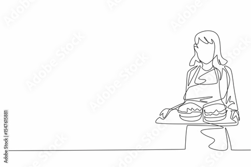 Single one line drawing the waitress wearing yellow apron, both hands holding a tray of burgers. Serving food in the school canteen. School Lunch Hero Day. Continuous line design graphic illustration
