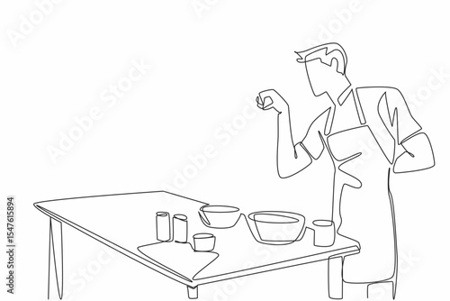 Single continuous line drawing male waiter wearing yellow apron sprinkles spices into the pan. Styled like a famous chef. Cook with joy. School Lunch Hero Day. One line design vector illustration