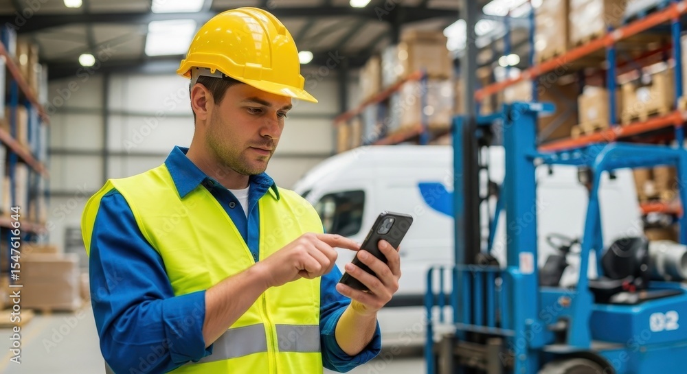 Male warehouse worker using a smartphone for inventory management in a large industrial setting Male warehouse worker using a smartphone for inventory management in a large industrial setting