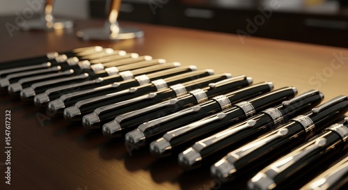 Wallpaper Mural Elegant black and silver pens neatly arranged on a polished wooden desk Torontodigital.ca