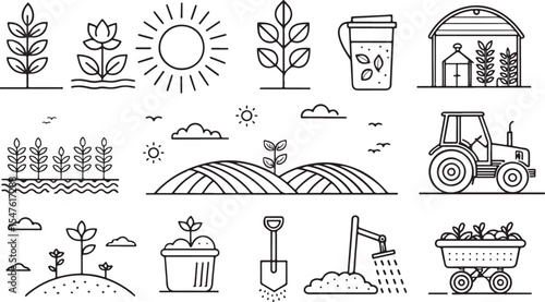 Farm Life Collection of Linear Agricultural Icons