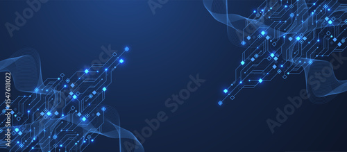 Artificial Intelligence or machine learning vector design. Quantum computer technology concept with circuit board and motherboard texture background design. Waves flow quantum explosion