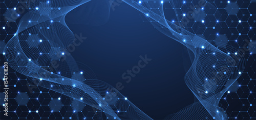 Molecular abstract structure and genetic engineering DNA. Healthcare and medicine background concept. Scientific research background. Wave flow. Innovation pattern. Vector illustration.