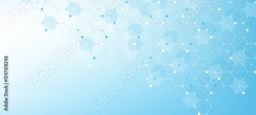 Modern health care or medical background design. Health care innovation concept. Horizontal header web banner. Abstract geometric background with hexagon shapes for medicine, science, chemistry.