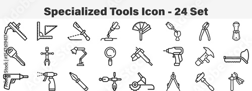 Set of 24 outline Specialized  Tools Icons. Line art icon collection. Editable stroke. Vector illustration