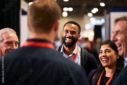 Happy diverse business people networking at a conference, laughing and connecting