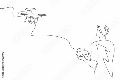 Single continuous line drawing a man in casual clothes controls a drone with a remote control outdoors. Drone pilot. Modern technology. International Drone Day. One line design vector illustration