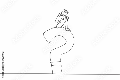 Single one line drawing woman in casual clothes sitting on big question mark while contemplating. Why be away from family. Homesick. National Day of Reason. Continuous line design graphic illustration