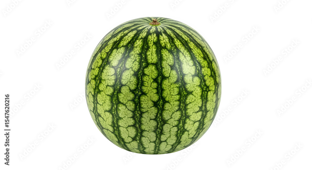 Perfectly round watermelon exhibiting light and dark green stripes, evoking fresh summer vibes. Perfectly round watermelon exhibiting light and dark green stripes, evoking fresh summer vibes.