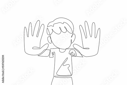 Single continuous line drawing the boy raised both his hands and pointed them forward. No more bullying in schools. Create peace. Be friends. Anti Bullying Day. One line design vector illustration