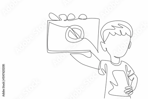 Continuous one line drawing girl raises hand holding paper with forbidden sign. Stop arbitrariness. Stop bullying in schools. No bully. Anti Bullying Day. Single line draw design vector illustration
