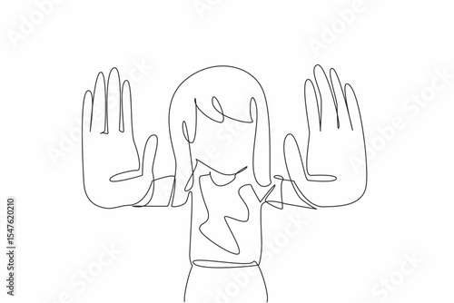 Single one line drawing the girl raised both her hands and pointed them forward. No more verbal abuse. More friends and sweet memories. Anti Bullying Day. Continuous line design graphic illustration
