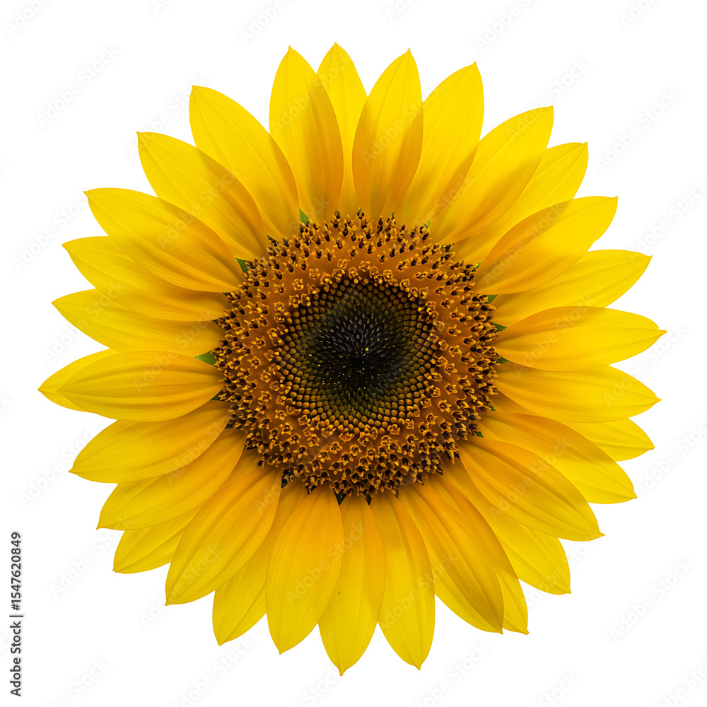 Fototapeta premium A bright yellow sunflower with a dark brown center set against a plain black background