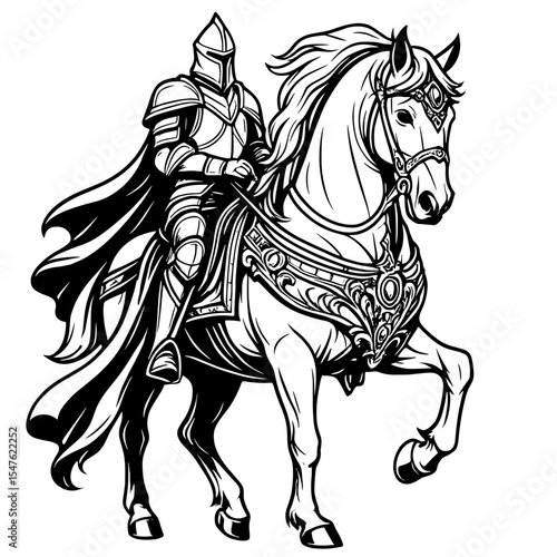 Black and white vector illustration of a knight in armor riding a horse with a sword
