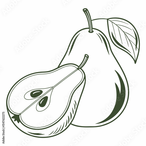Fresh Pear Duo: A detailed black and white illustration of two fresh pears, one whole and one sliced open to reveal the seeds, capturing the essence of natural freshness and wholesome goodness.