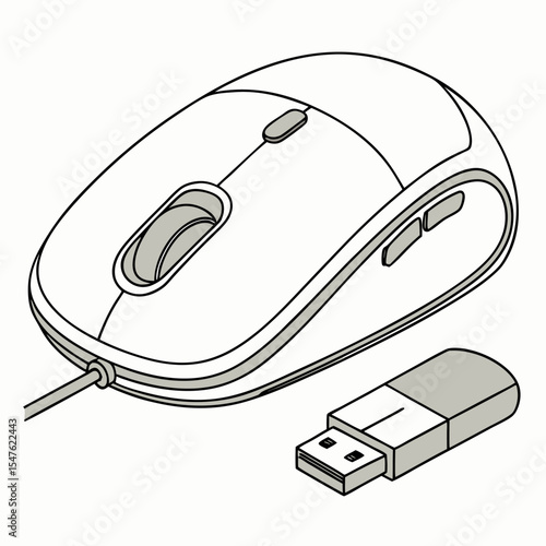 A clean vector line art illustration of a computer mouse and its USB receiver, perfect for conveying themes of technology, digital work, office equipment, and wireless connectivity. 