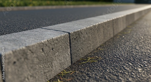 Detailed Close-Up of a Textured Gray Curbstone Beside Asphalt Road