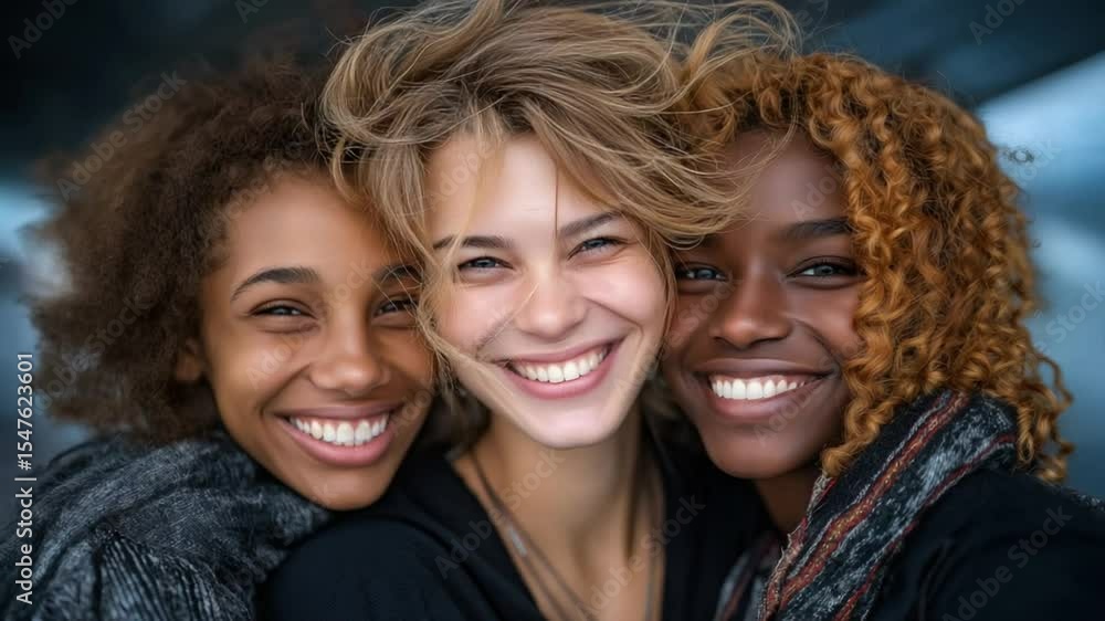 Friends sharing a joyful group hug outdoors with smiles and wind Friends sharing a joyful group hug outdoors with smiles and wind