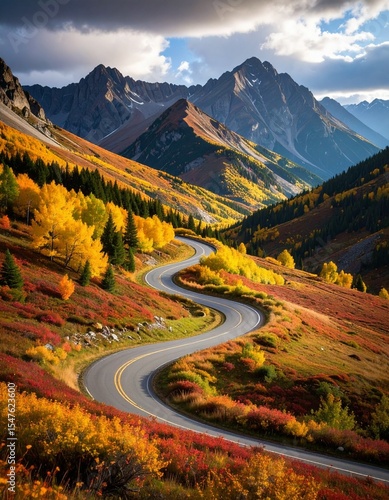 Vertical landscape photo of a surreal winding road cutting through bright multicolored fields, surrounded by dramatic rocky mountains, vivid colored trees scattered along the path