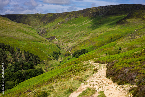 Wallpaper Mural A vibrant green Peak District valley stretches beneath a blue sky with white clouds. A winding path leads down into the valley floor revealing a small stream and scattered trees. Torontodigital.ca