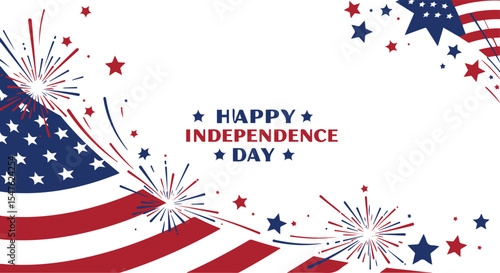 A vibrant and patriotic design featuring the American flag, fireworks, and stars, perfect for celebrating Independence Day. The design