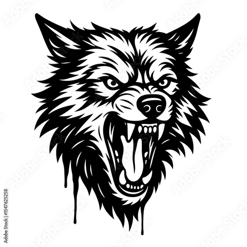 Fierce black and white roaring wolf head illustration with sharp teeth and intense expression, wild animal tattoo style art

