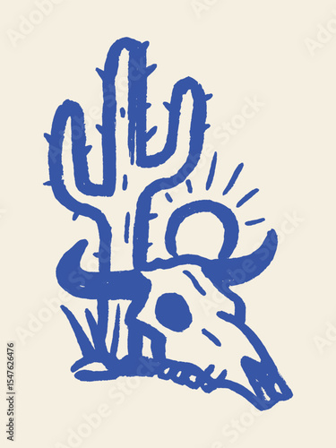 cactus and bull skull desert sketch vector illustration