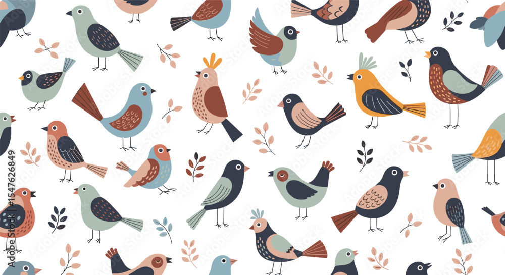 Charming bird vector illustration with leaves and various bird species depicted Charming bird vector illustration with leaves and various bird species depicted