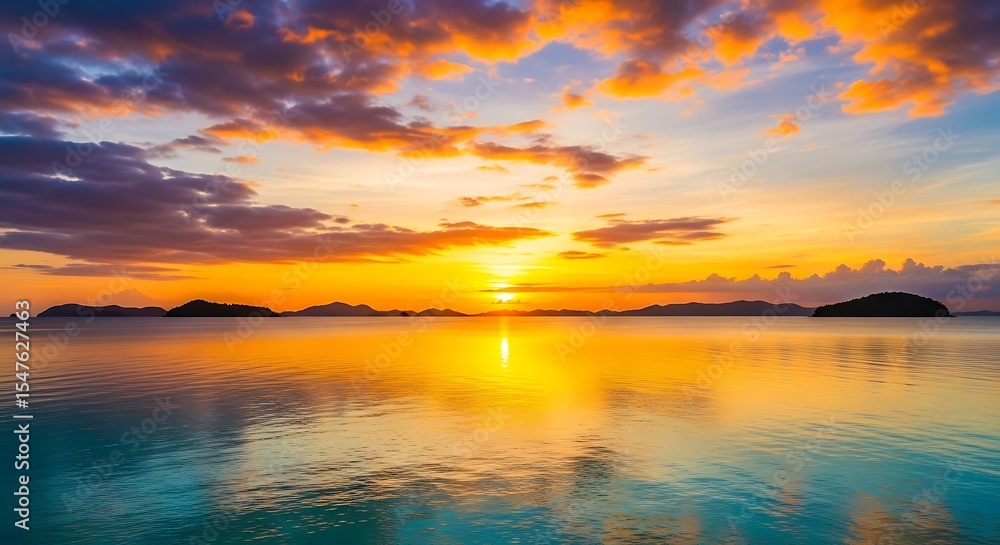 Fototapeta premium Stunning Tropical Ocean Sunset with Vibrant Colors, Calm Water, and Silhouette Islands Under Cloudy Sky – Serene Nature Landscape for Relaxation and Travel Inspiration