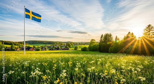 Swedish Countryside Village at Sunrise, Swedish Flag, Wildflower Meadow in Summer, Rural Scandinavia, Traditional Red Houses, Lush Landscape, Peaceful Nature, Sweden Travel Scene