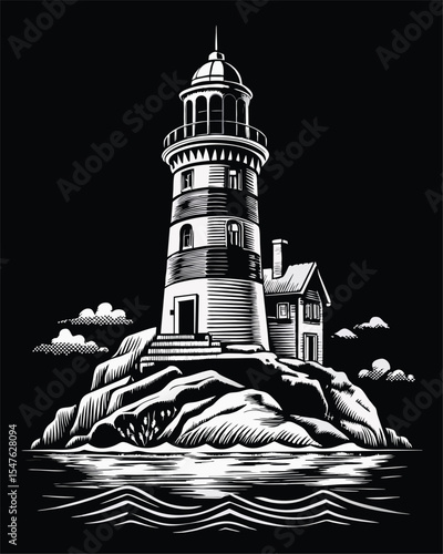 lighthouse on the sea silhouette black and white 