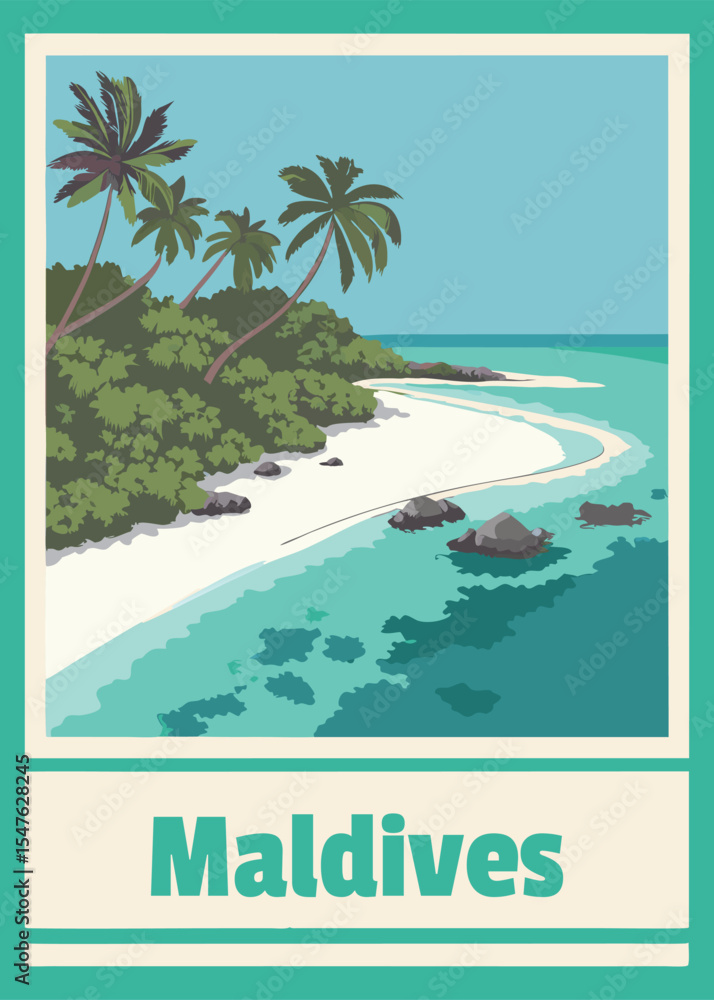 Fototapeta premium Tropical paradise poster with palm trees and sand beach maldives vector illustration