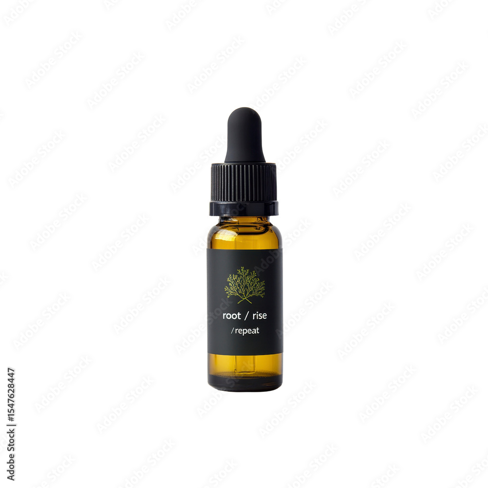 Fototapeta premium Amber Glass Bottle of Essential Oil with Minimalist Label - Root/Rise/Repeat