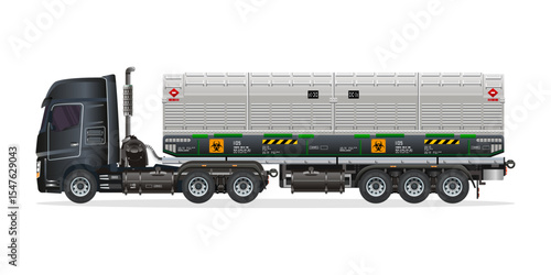 Heavy Truck containers filled with toxic waste, radioactive biological hazard vector illustration