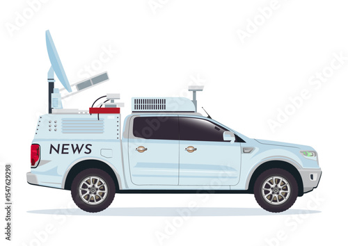 Double cabin pickup car satellite transmission broadcasting vehicle vector illustration