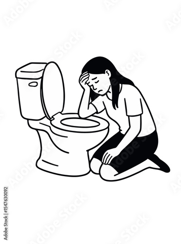 bulimia woman near toilet bowl in bathroom, psychological problem, Black and white vector illustration
