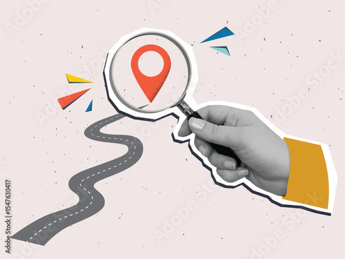 A person look through magnifying glass on a red location pin in the end of winding road. Modern collage style. Vector illustration