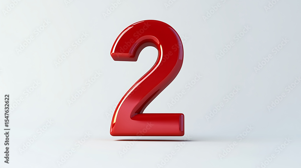 A glossy red number two standing upright on a plain white surface in a studio setting with soft lighting A glossy red number two standing upright on a plain white surface in a studio setting with soft lighting
