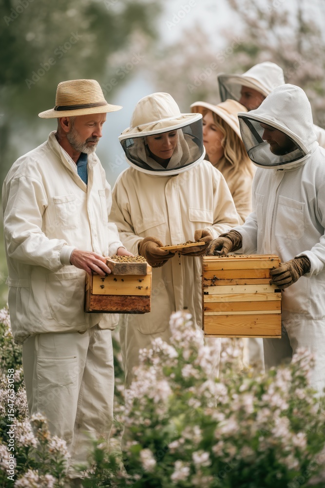Sustainable tourist observing beekeepers in protective suits in a village apiary, surrounded by flowering plants. Sustainable tourist observing beekeepers in protective suits in a village apiary, surrounded by flowering plants.