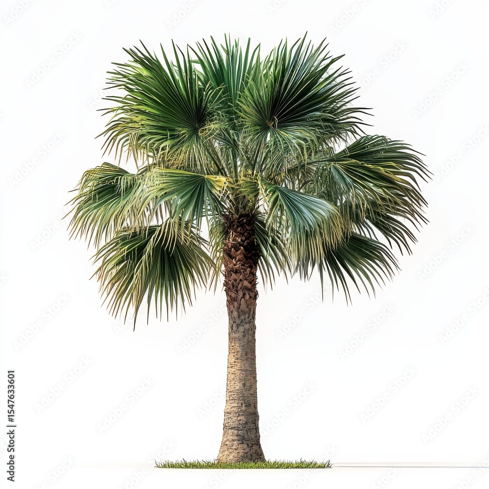 Fototapeta premium Tall Slender Palm Tree with Lush Green Fronds Against White Background