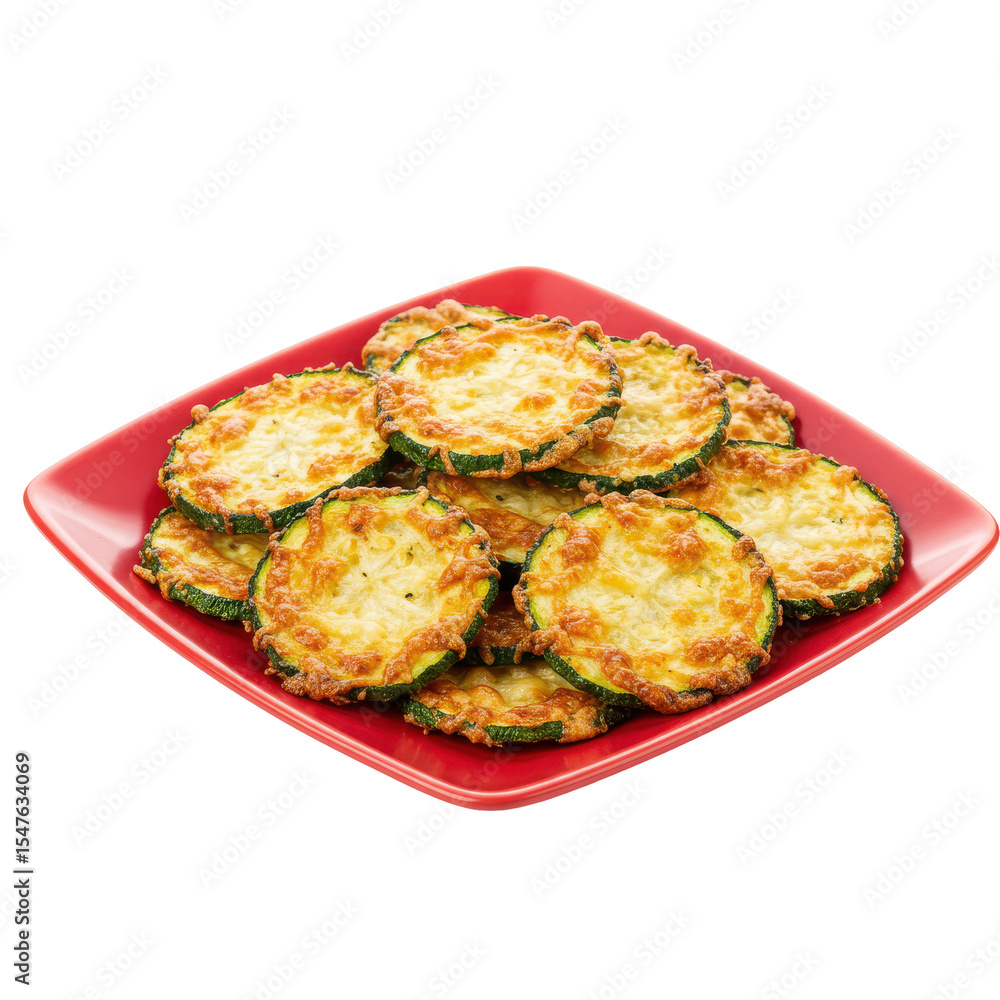 Crispy baked zucchini rounds garnished and served on a red plate Crispy baked zucchini rounds garnished and served on a red plate
