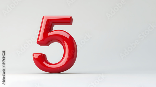 A shiny red number five standing upright on a white surface against a plain light background