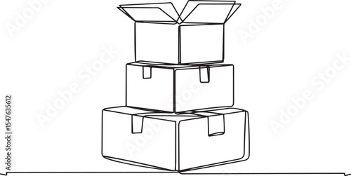 Continuous single line drawing of stacked cardboard boxes in pyramid formation with open top box on white background

